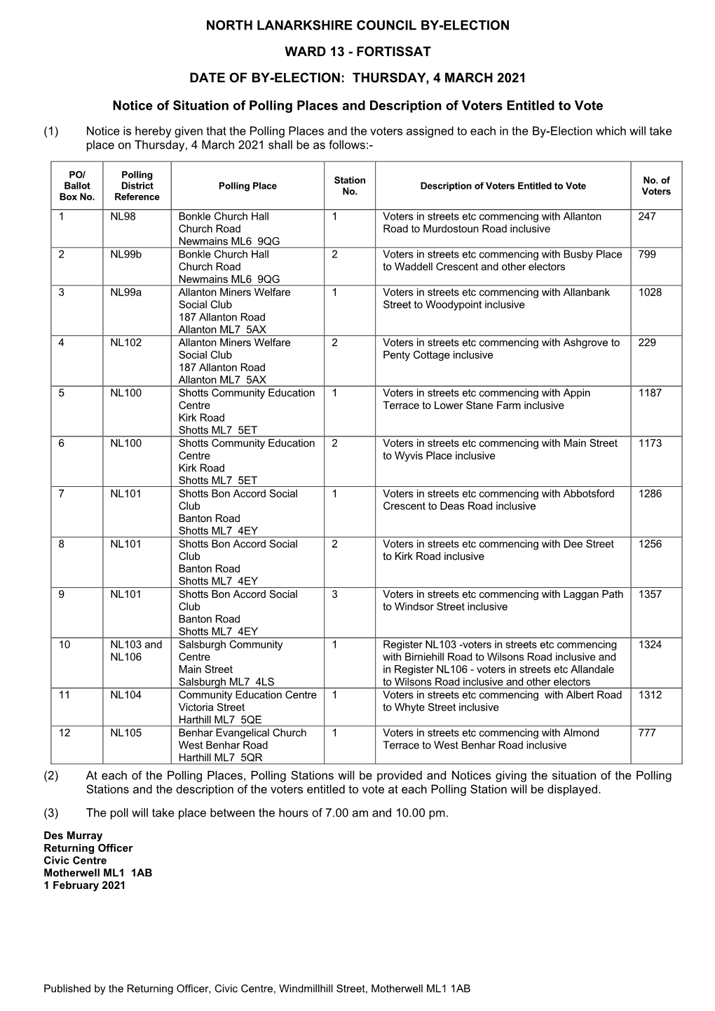 North Lanarkshire Council By-Election Ward 13