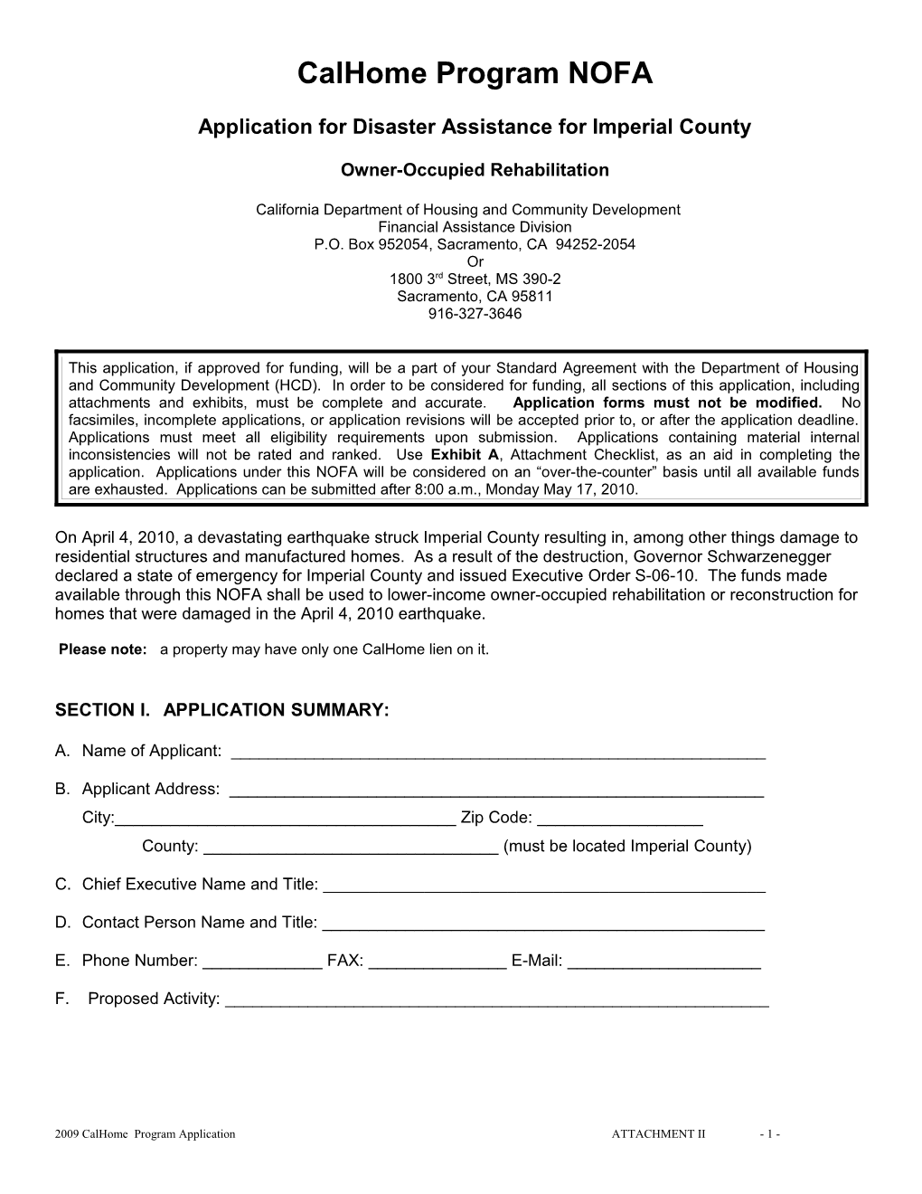 Application for Disaster Assistance for Imperial County