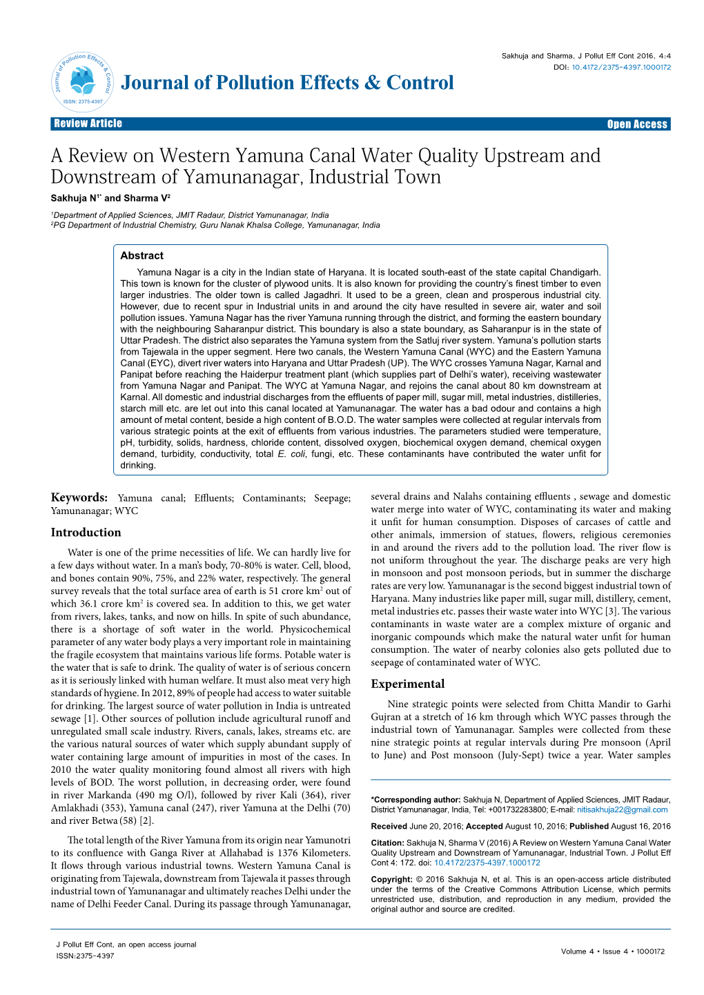 A Review on Western Yamuna Canal Water Quality Upstream And