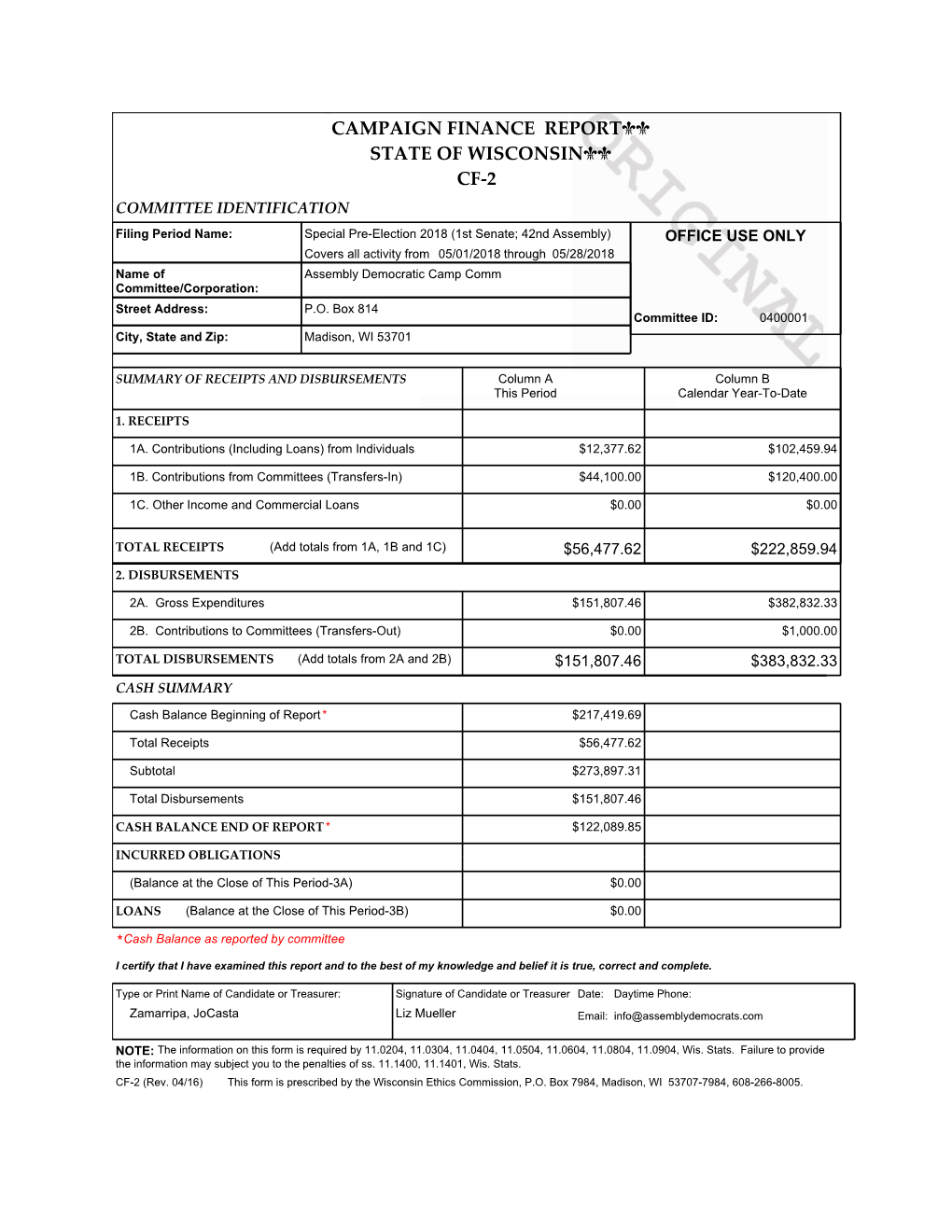 Campaign Finance Report State of Wisconsin Cf-2