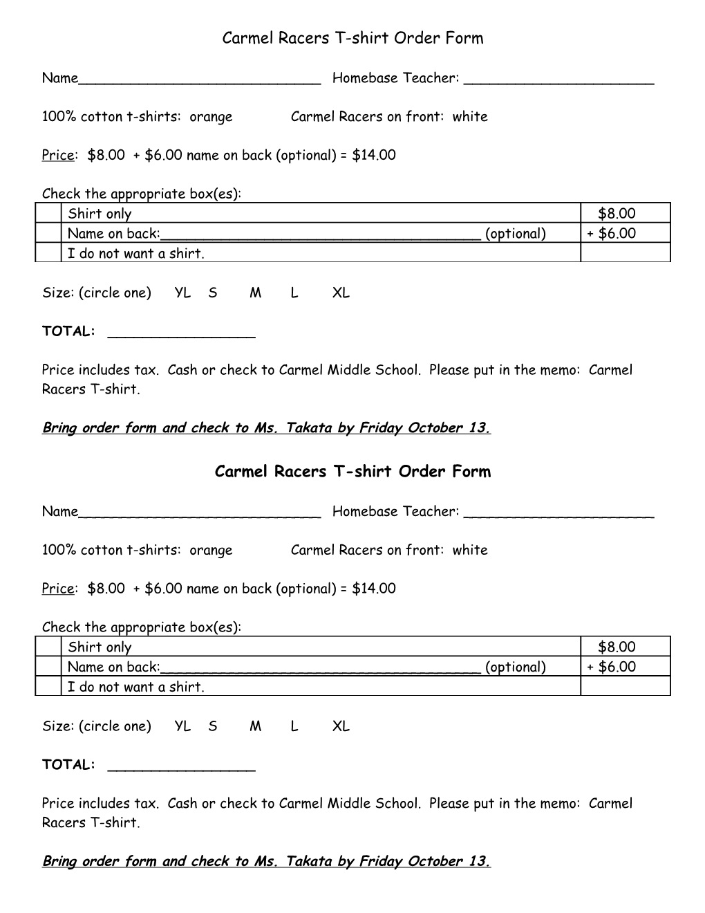 Carmel Racers T-Shirt Order Form