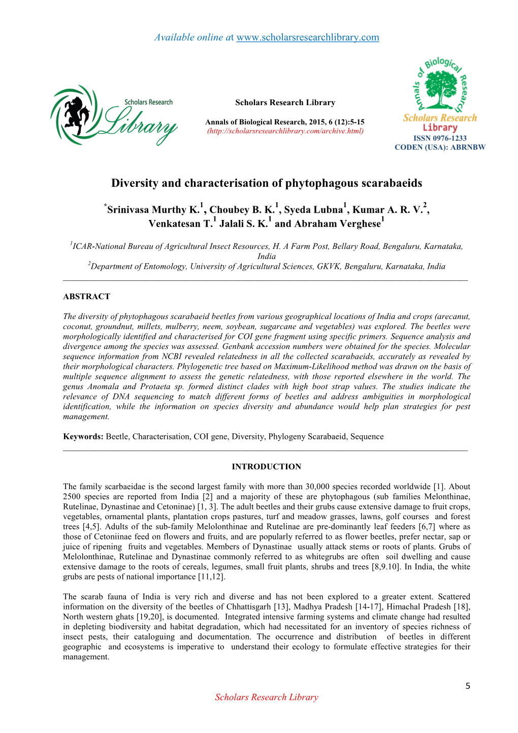 Diversity and Characterisation of Phytophagous Scarabaeids