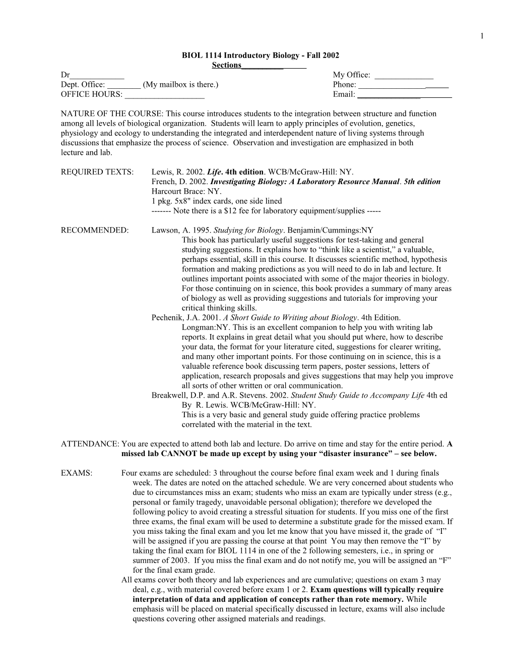 BIOL 1114 Introductory Biology - Fall 2000