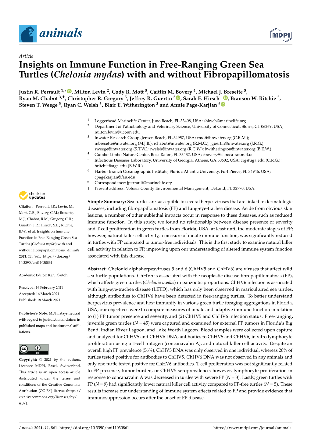 Insights on Immune Function in Free-Ranging Green Sea Turtles (Chelonia Mydas) with and Without Fibropapillomatosis