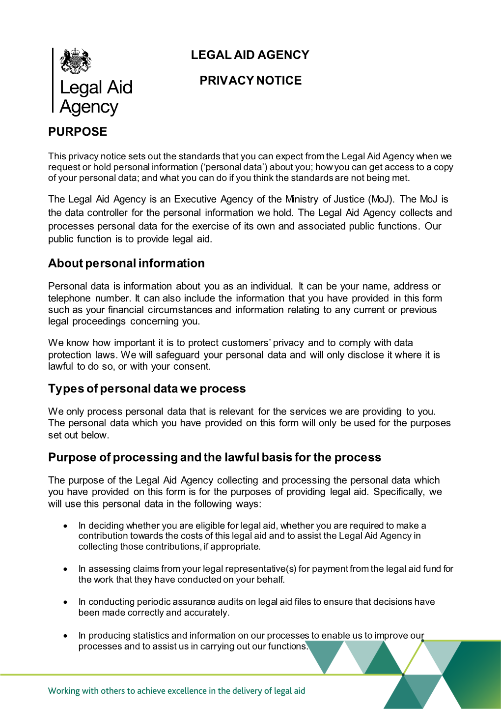 LEGAL AID AGENCY PRIVACY NOTICE PURPOSE About Personal
