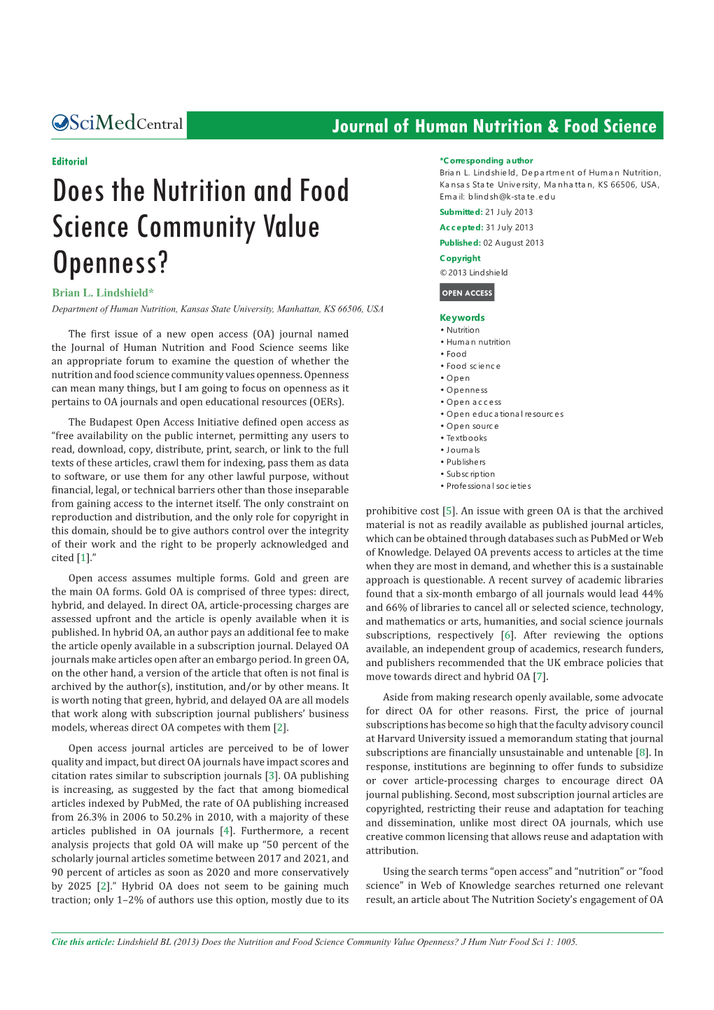 Does the Nutrition and Food Science Community Value Openness? J Hum Nutr Food Sci 1: 1005