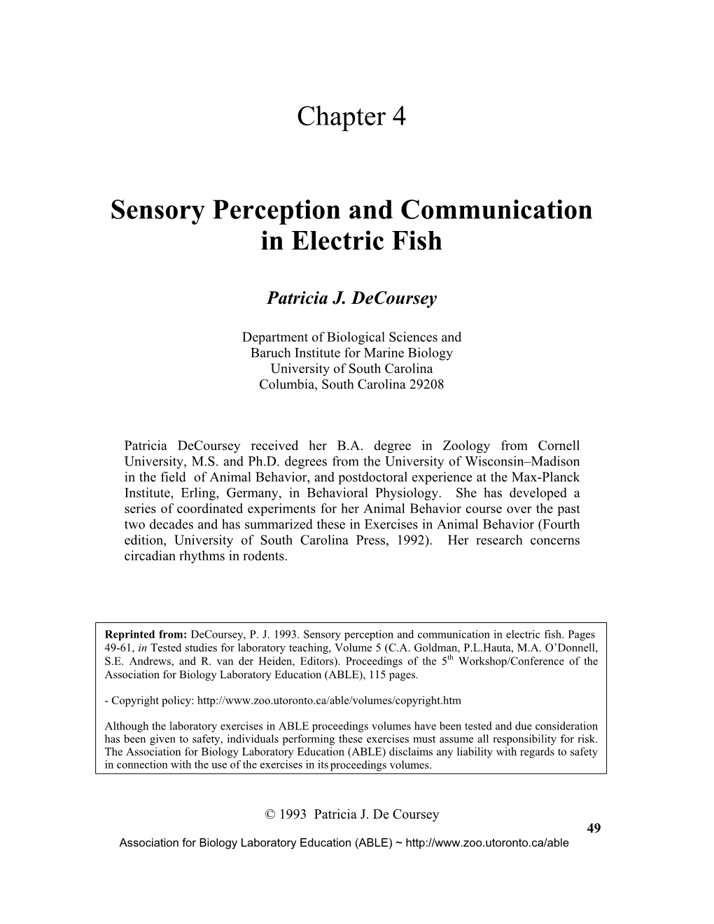 Chapter 4 Sensory Perception and Communication in Electric Fish