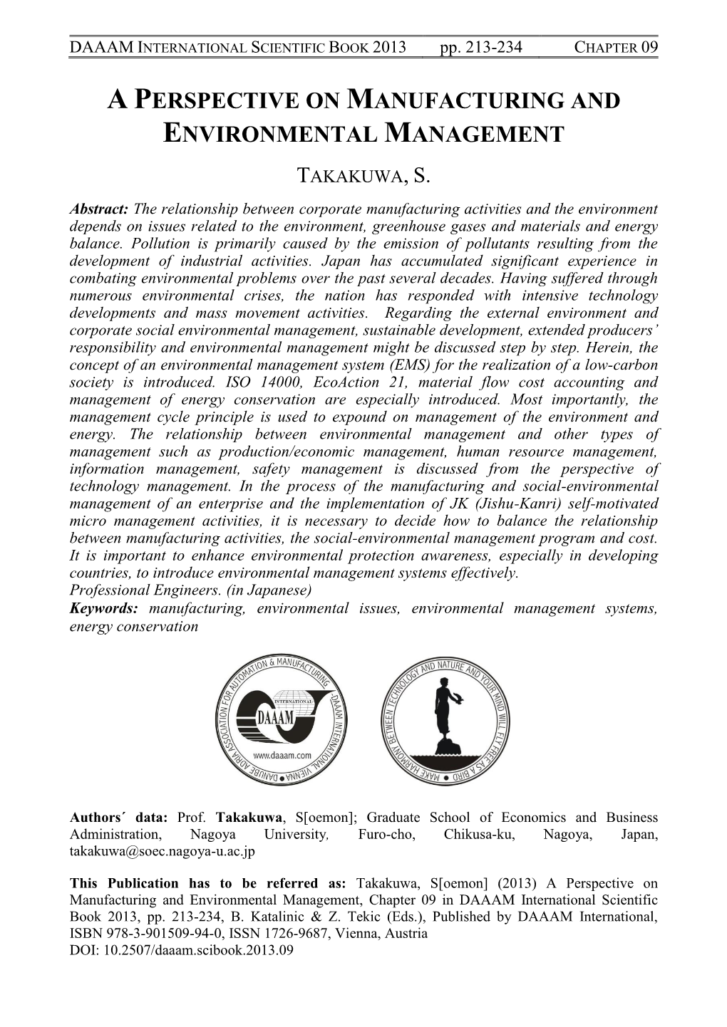 Aperspective on Manufacturing and Environmental Management