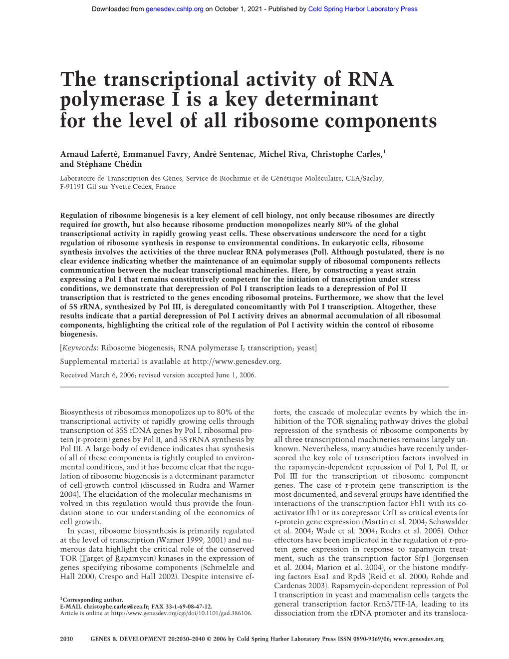 The Transcriptional Activity of RNA Polymerase I Is a Key Determinant for the Level of All Ribosome Components