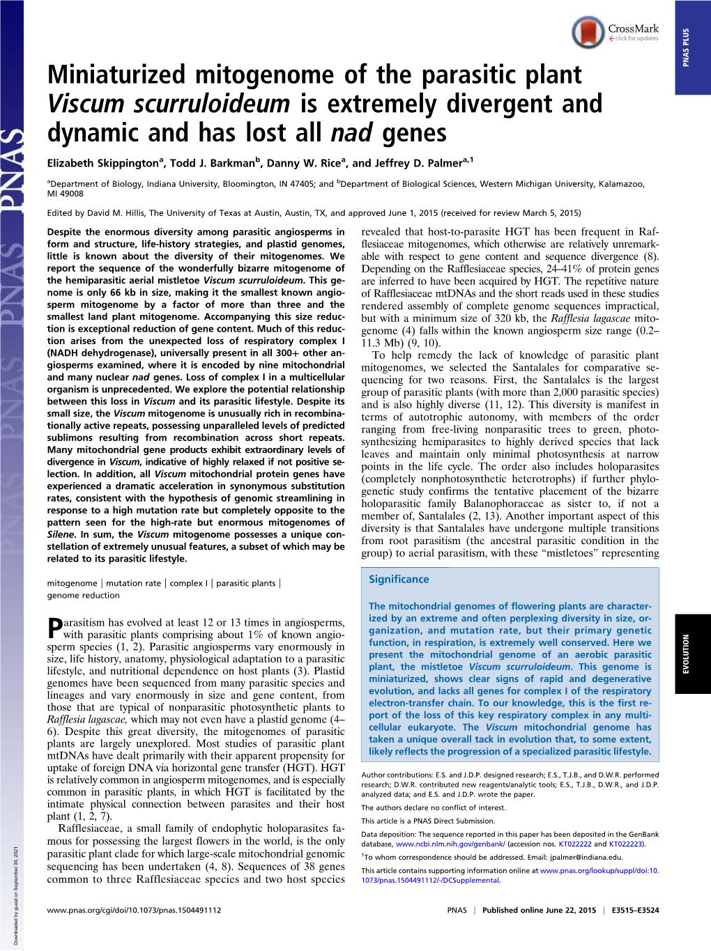 Miniaturized Mitogenome of the Parasitic Plant Viscum