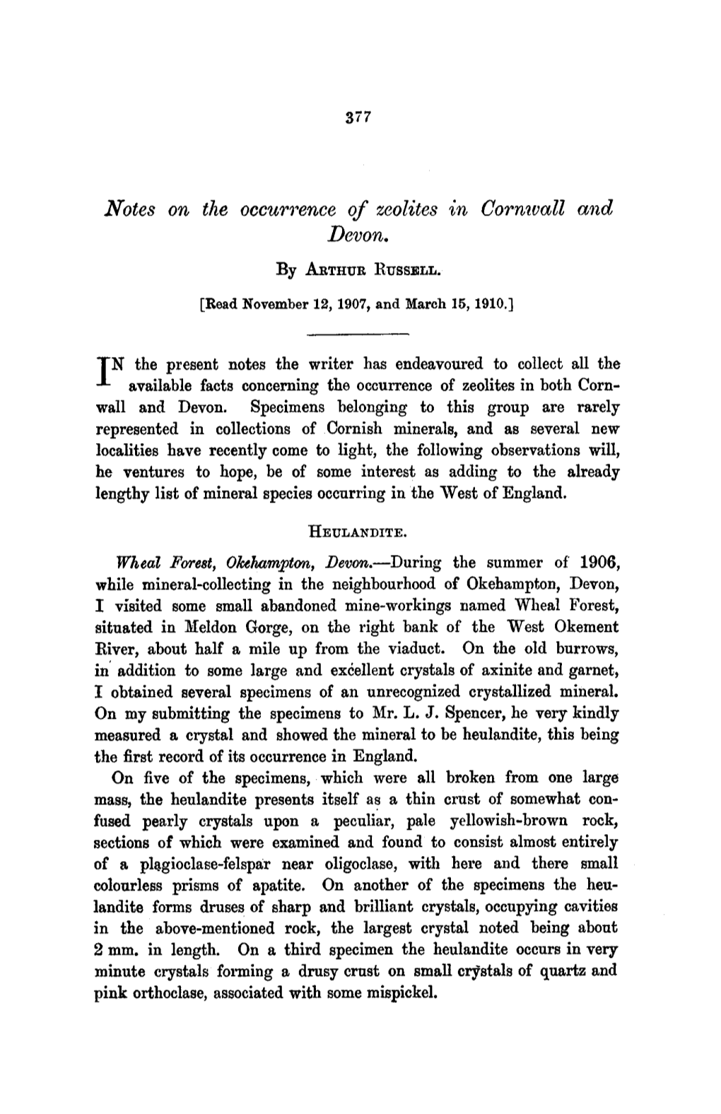 Notes on the Occurrence of Zeolites in Cornwall and Net)On