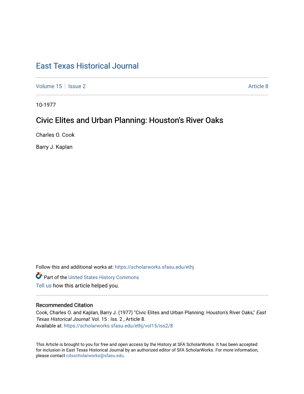 Civic Elites and Urban Planning: Houston's River Oaks