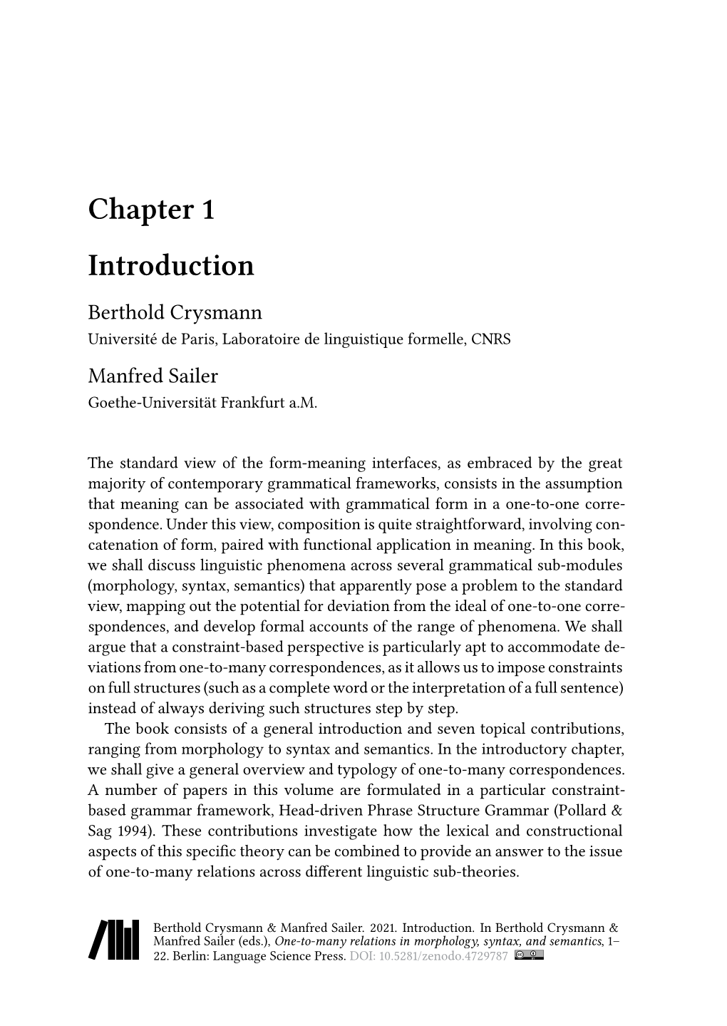 Chapter 1 Introduction Berthold Crysmann Université De Paris, Laboratoire De Linguistique Formelle, CNRS Manfred Sailer Goethe-Universität Frankfurt A.M