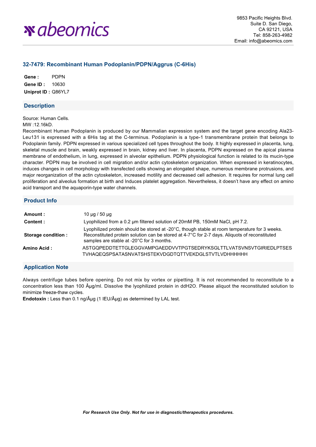 Recombinant Human Podoplanin/PDPN/Aggrus (C-6His)
