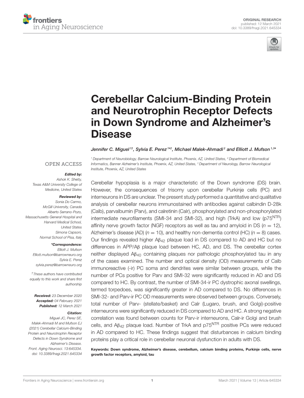 Cerebellar Calcium-Binding Protein and Neurotrophin Receptor Defects in Down Syndrome and Alzheimer’S Disease