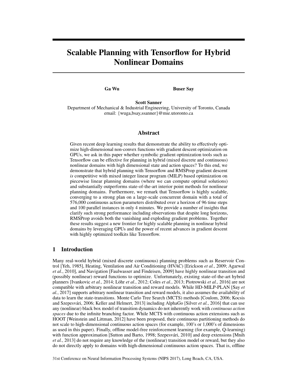 Scalable Planning with Tensorflow for Hybrid Nonlinear Domains