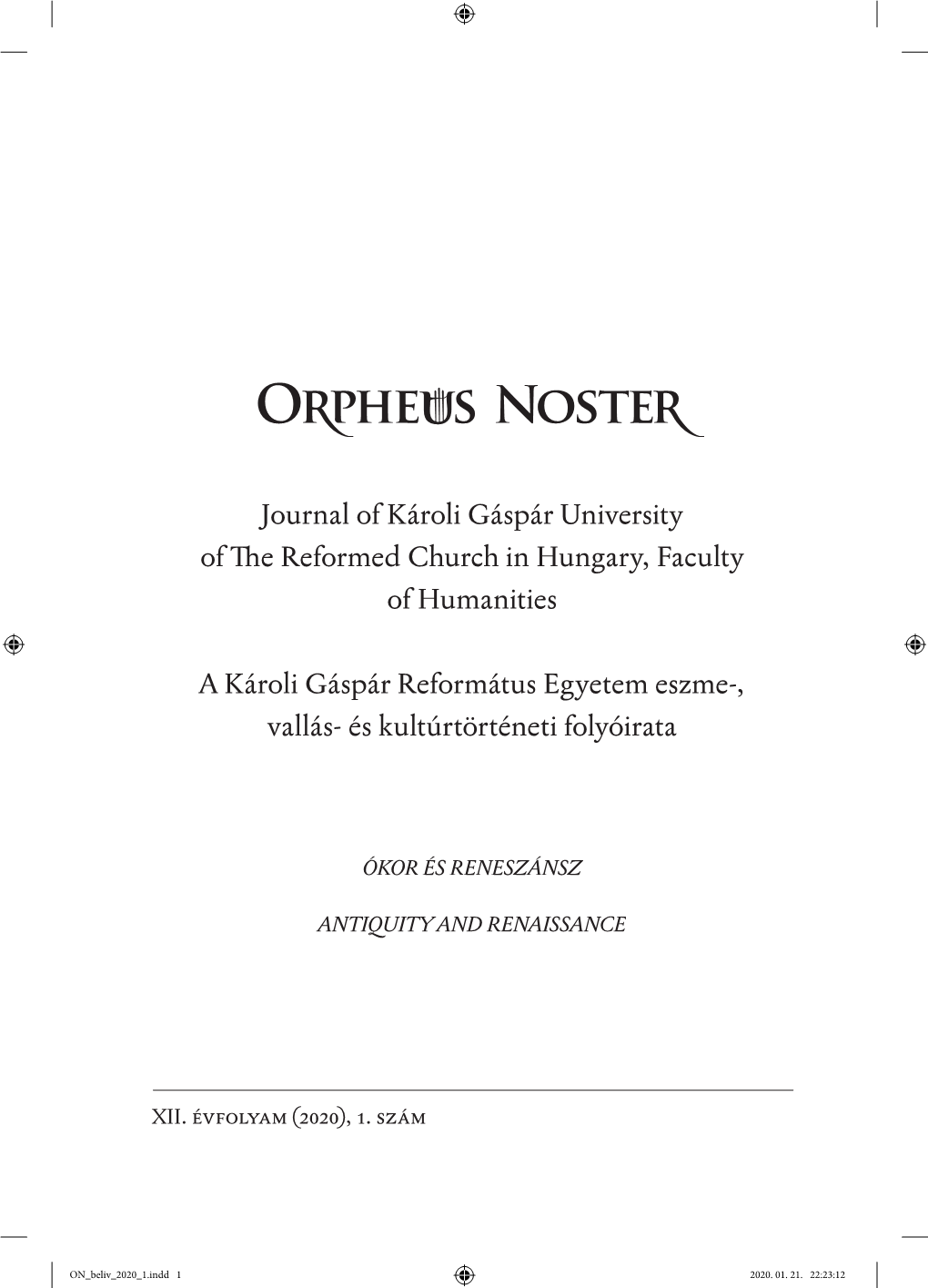 Journal of Károli Gáspár University of the Reformed Church in Hungary, Faculty of Humanities