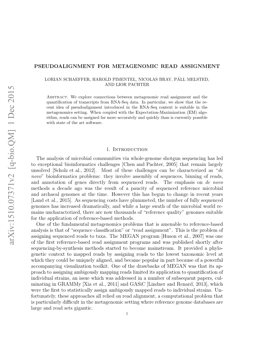 Arxiv:1510.07371V2 [Q-Bio.QM] 1 Dec 2015 Sequencing-By-Synthesis Methods Started to Become Mainstream