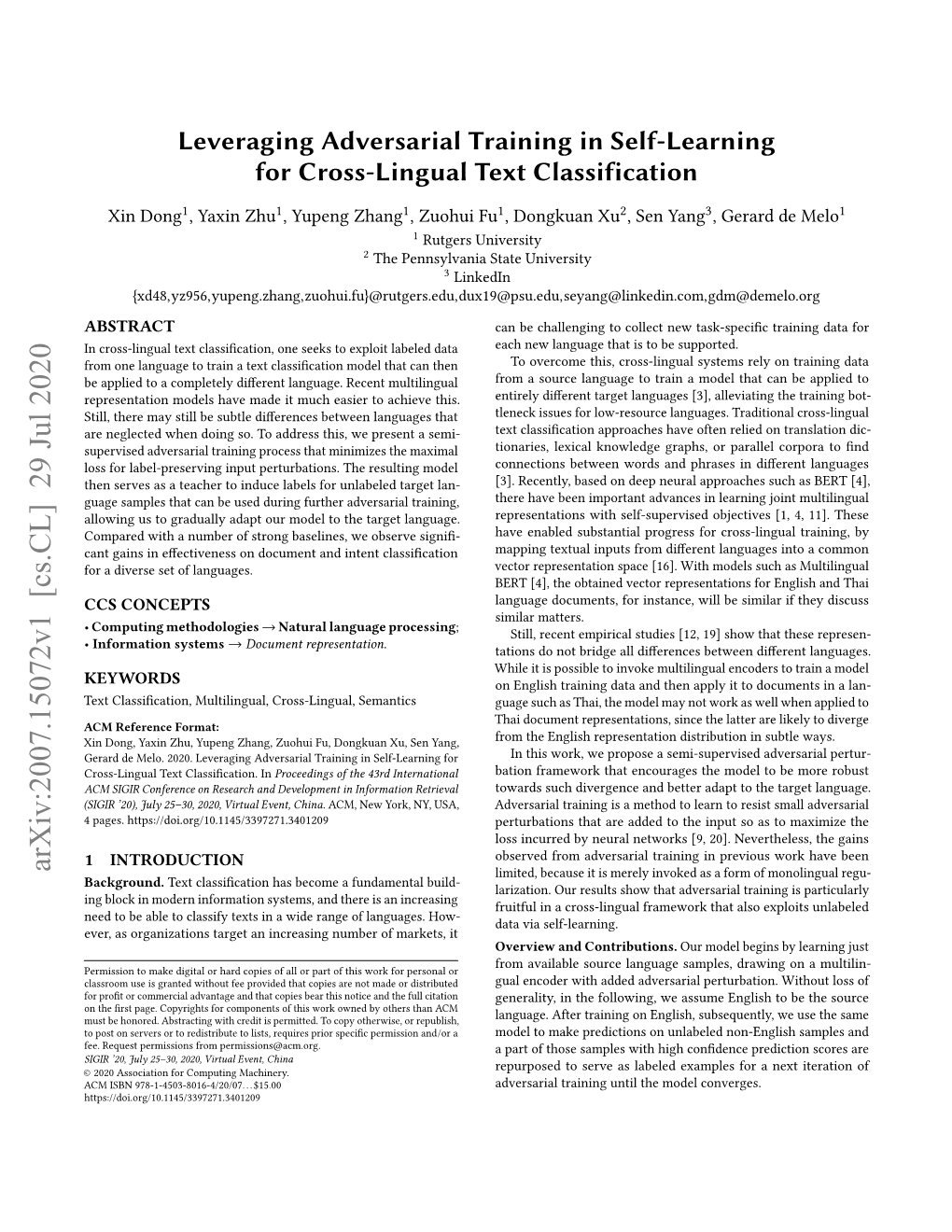 Leveraging Adversarial Training in Self-Learningfor Cross-Lingual Text Classification