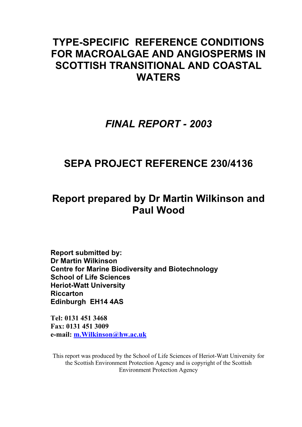 Type-Specific Reference Conditions for Macroalgae and Angiosperms in Scottish Transitional and Coastal Waters