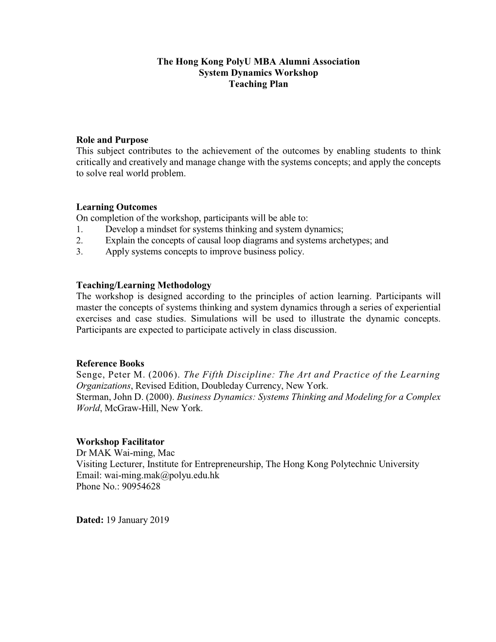 The Hong Kong Polyu MBA Alumni Association System Dynamics Workshop Teaching Plan