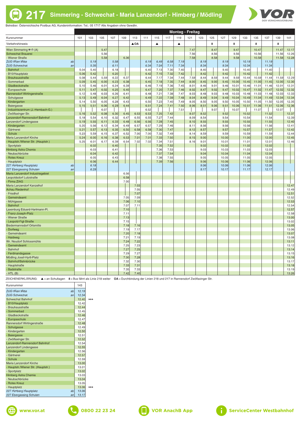 217 Simmering - Schwechat - Maria Lanzendorf - Himberg / Mödling Betreiber: Österreichische Postbus AG, Kundeninformation: Tel.: 05 1717 Alle Angaben Ohne Gewähr