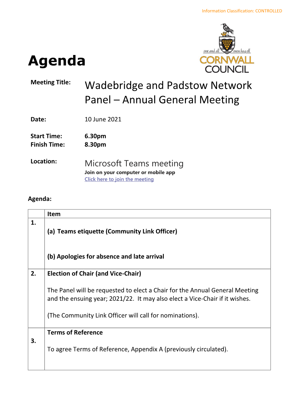 AGM Agenda Wadebridge Padstow 10 June 2021