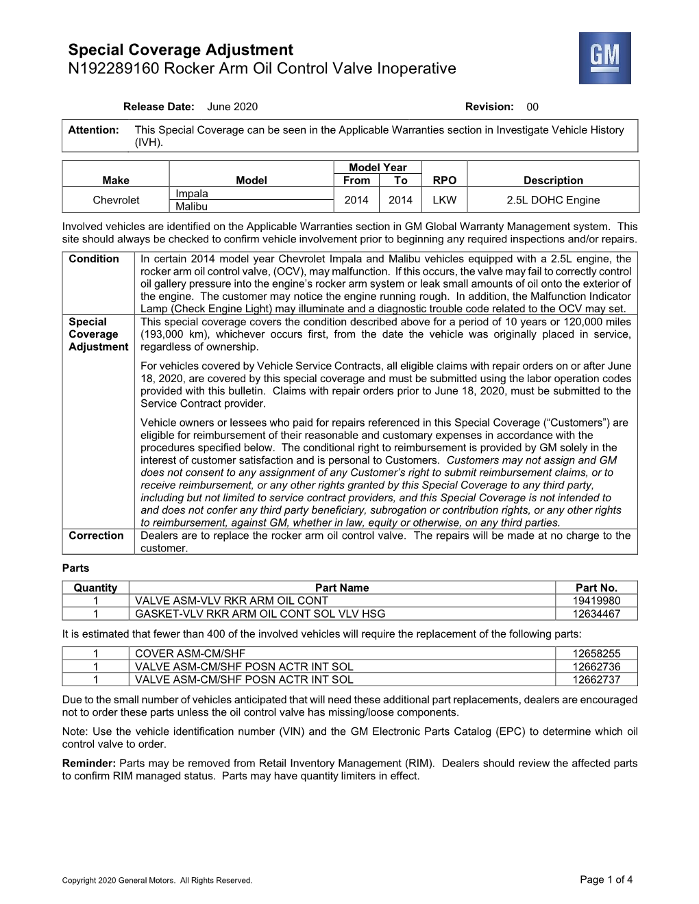 Special Coverage Adjustment N192289160 Rocker Arm Oil Control Valve Inoperative