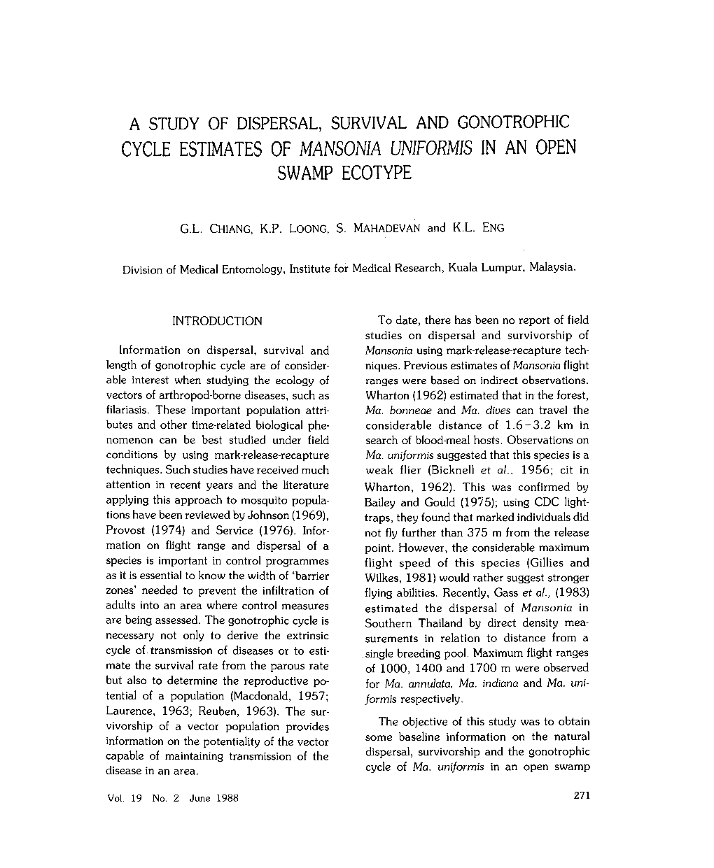 Cycle Estimates of Mansonia Uniformis in an Open Swamp Ecotype