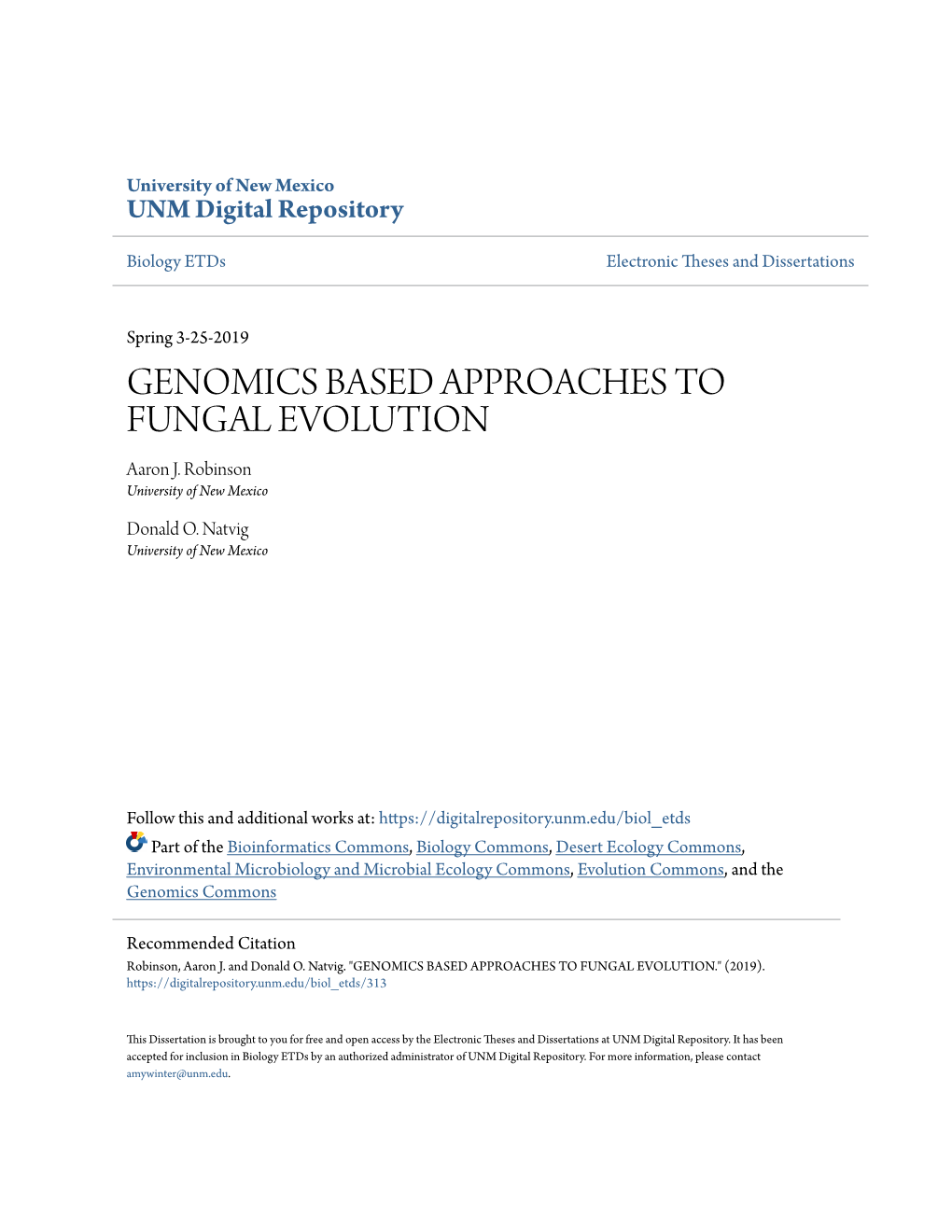 GENOMICS BASED APPROACHES to FUNGAL EVOLUTION Aaron J