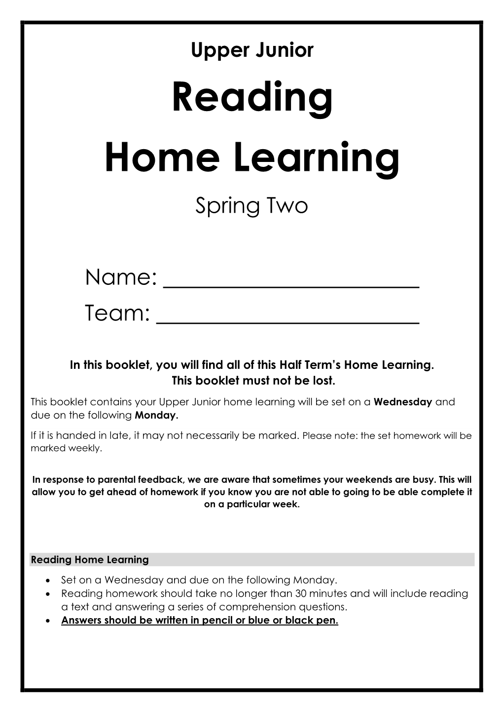 Reading Home Learning Spring Two