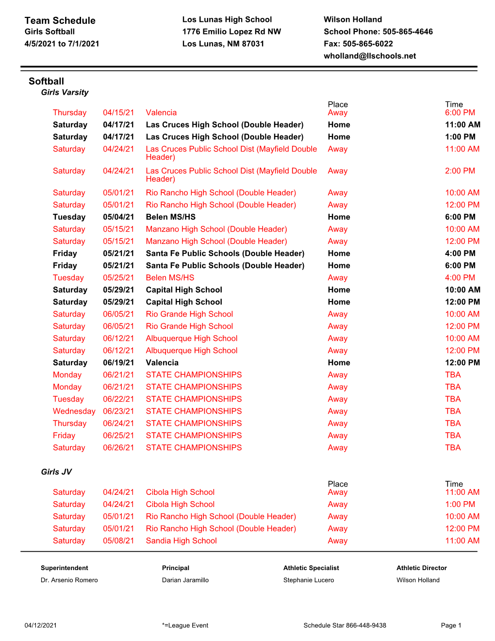 Printable LLHS Softball 2020-2021 Schedule