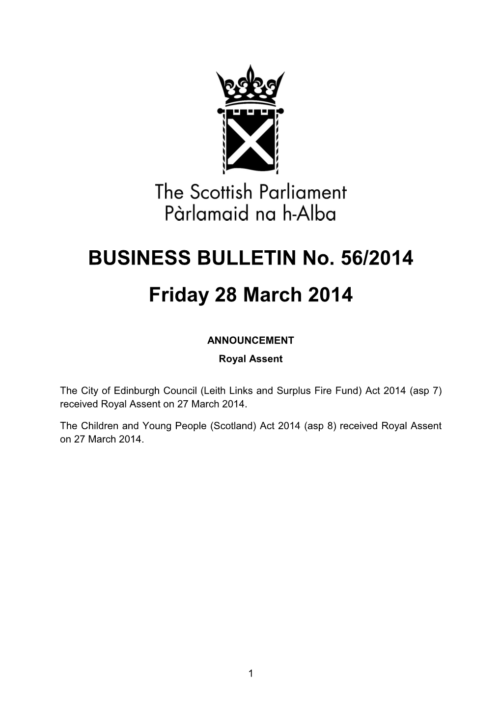 BUSINESS BULLETIN No. 56/2014 Friday 28 March 2014
