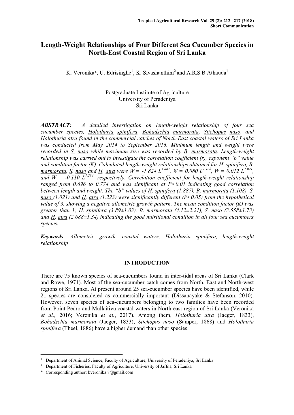 Length-Weight Relationships of Four Different Sea Cucumber Species in North-East Coastal Region of Sri Lanka