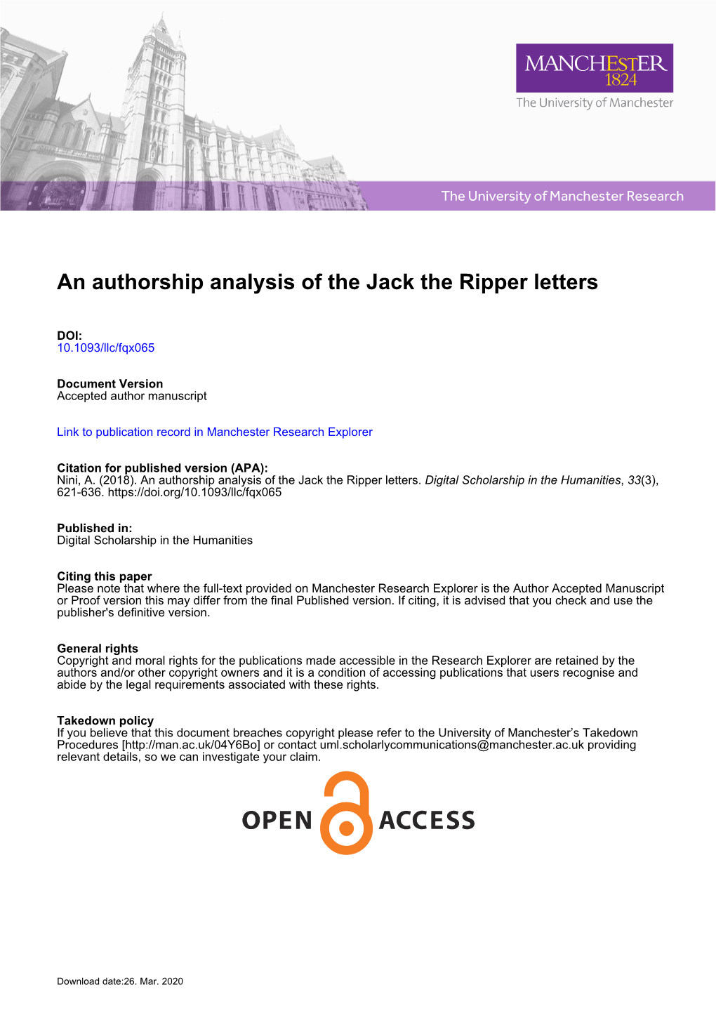 [Pre-Print] an Authorship Analysis of the Jack The