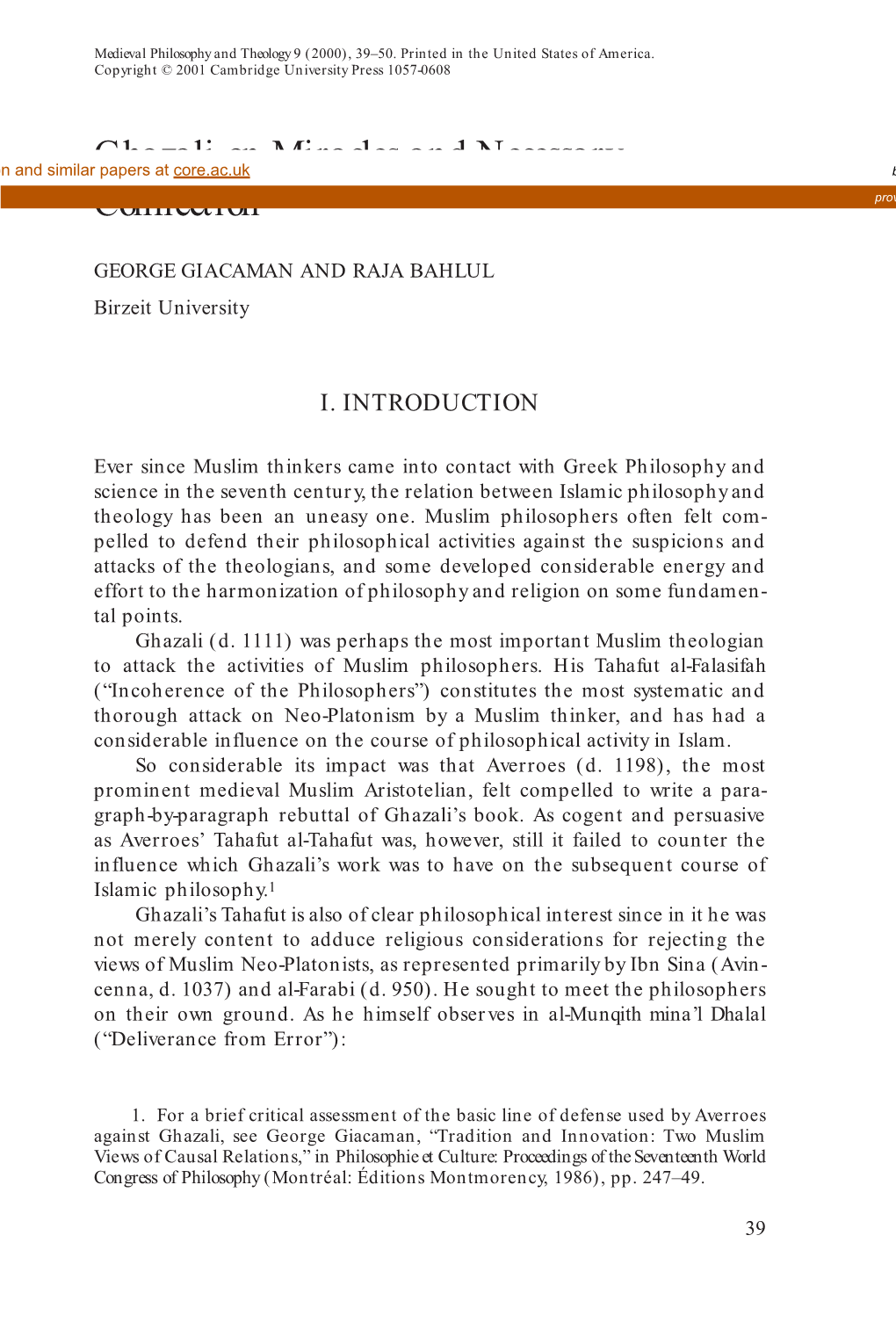 Ghazali on Miracles and Necessary Connection