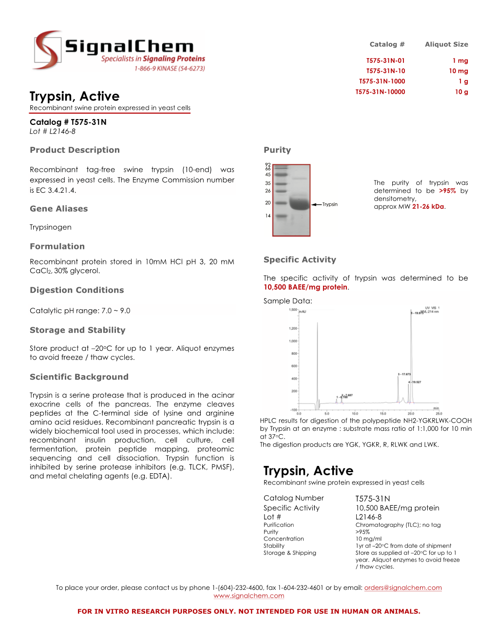 Trypsin, Active Recombinant Swine Protein Expressed in Yeast Cells