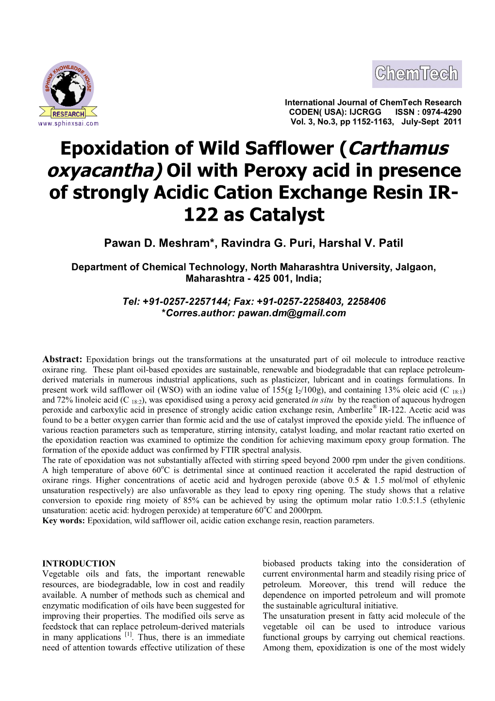 Epoxidation of Wild Safflower (Carthamus Oxyacantha) Oil with Peroxy Acid in Presence of Strongly Acidic Cation Exchange Resin IR- 122 As Catalyst