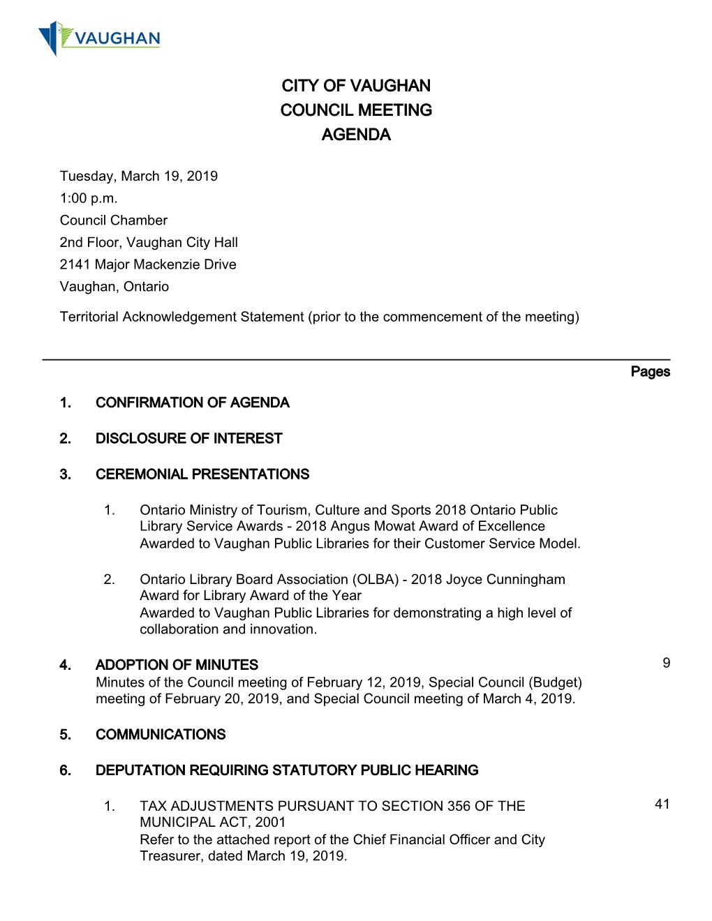 City of Vaughan Council Meeting Agenda