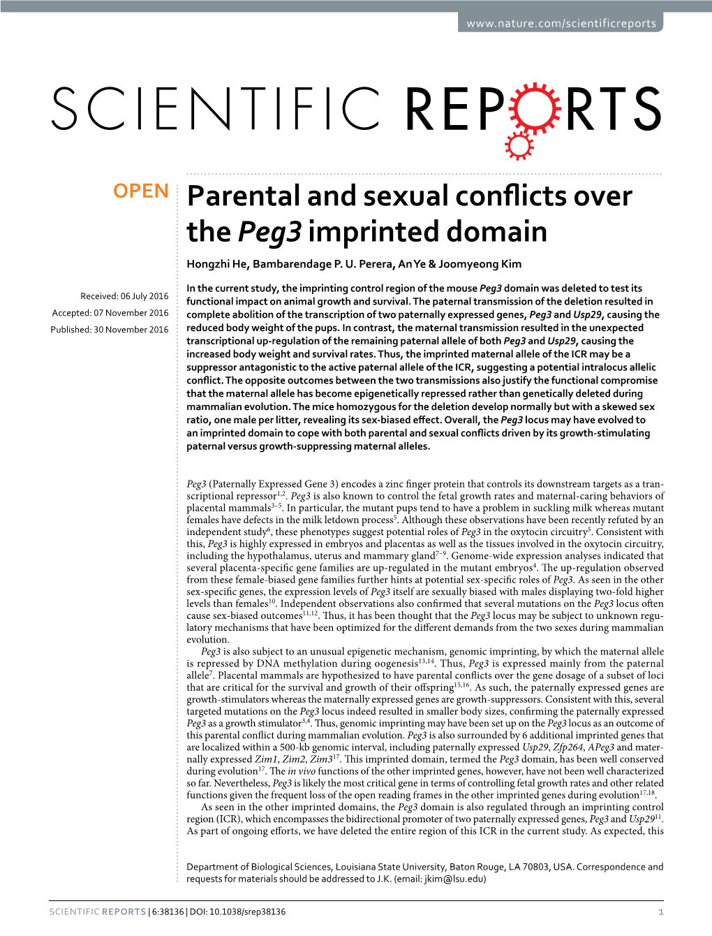 Parental and Sexual Conflicts Over the Peg3 Imprinted Domain Hongzhi He, Bambarendage P