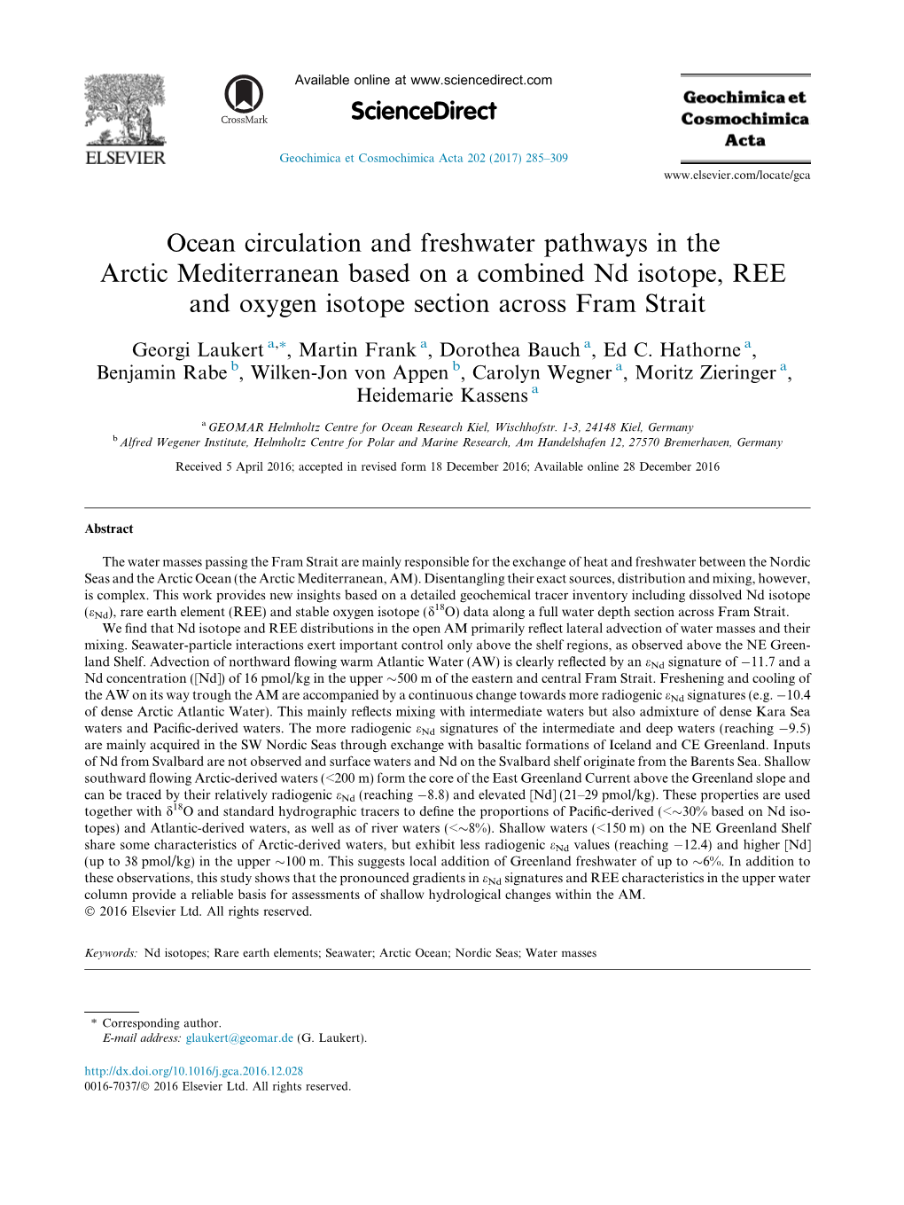 Ocean Circulation and Freshwater Pathways in the Arctic Mediterranean Based on a Combined Nd Isotope, REE and Oxygen Isotope Section Across Fram Strait