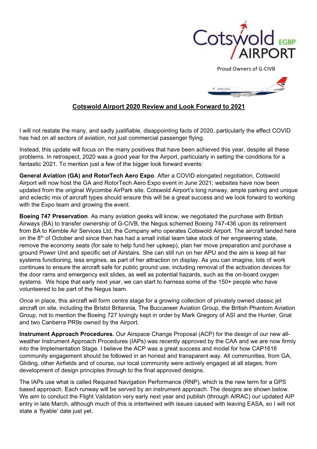 Cotswold Airport 2020 Review and Look Forward to 2021
