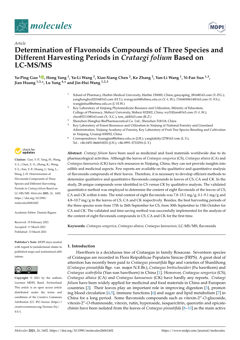 Determination of Flavonoids Compounds of Three Species and Different Harvesting Periods in Crataegi Folium Based on LC-MS/MS