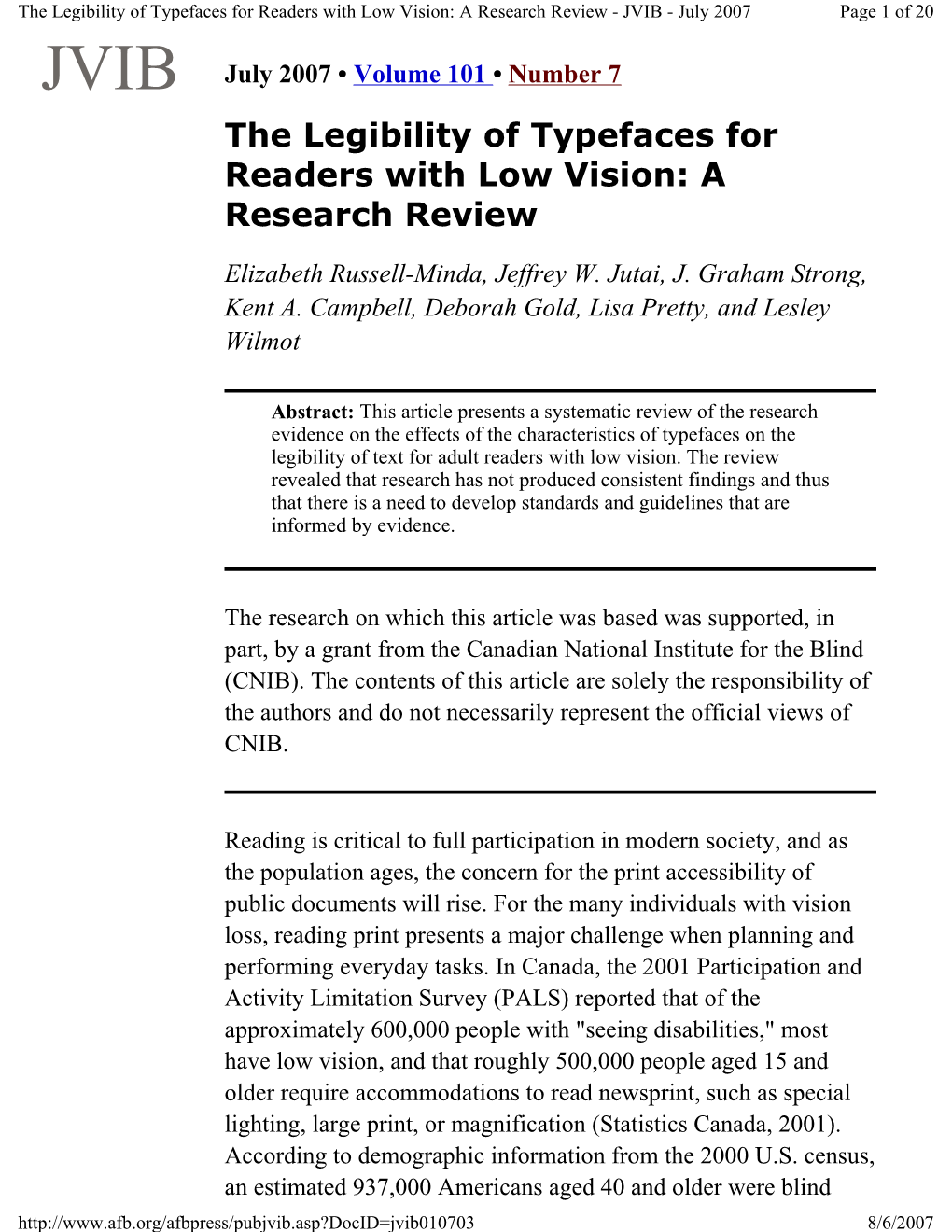 The Legibility of Typefaces for Readers with Low Vision: a Research Review - JVIB - July 2007 Page 1 of 20