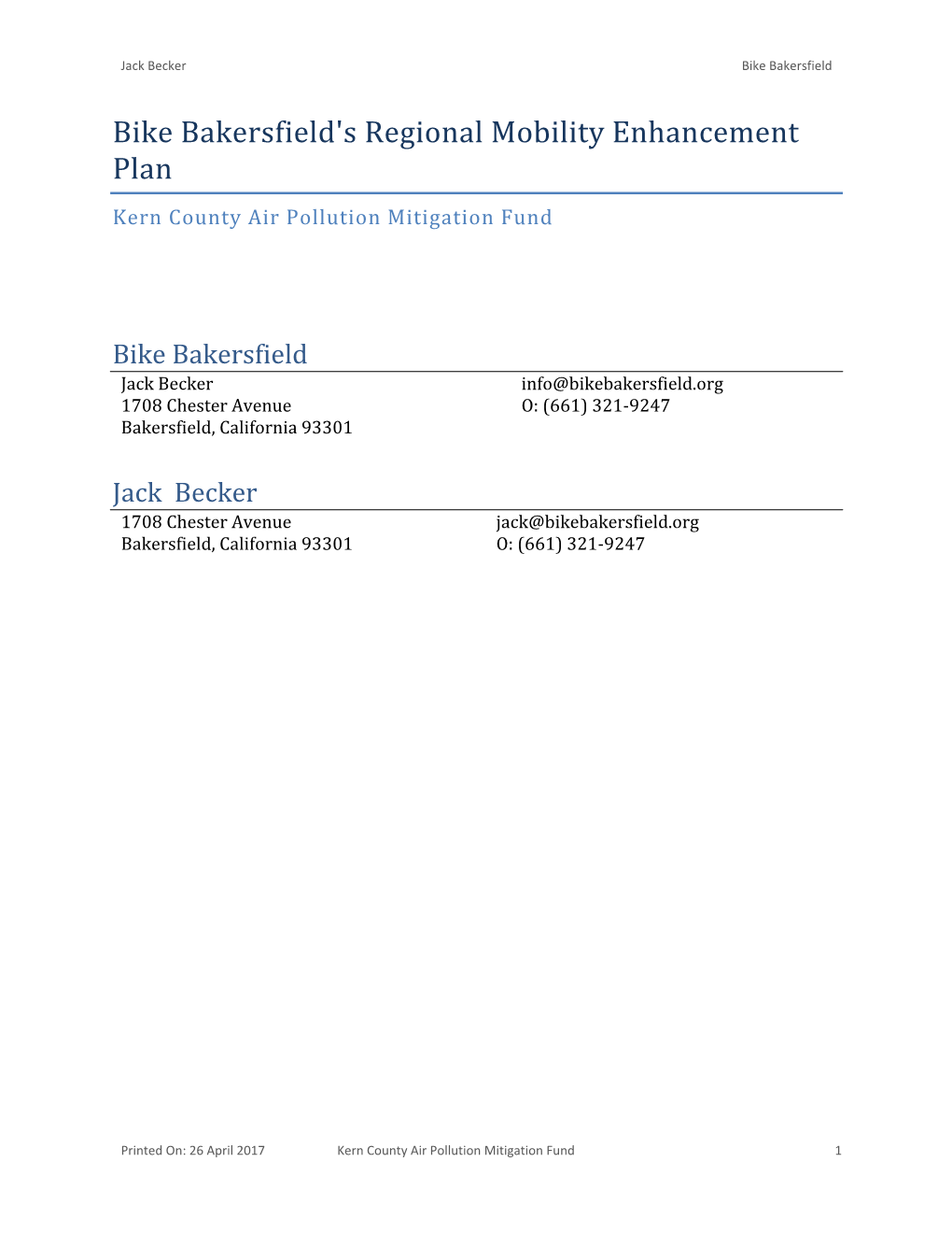 Bike Bakersfield's Regional Mobility Enhancement Plan Kern County Air Pollution Mitigation Fund