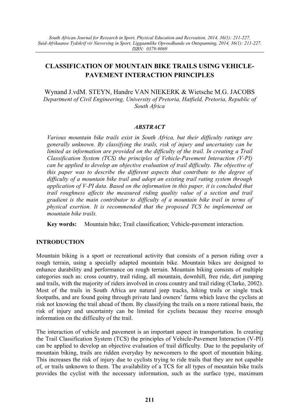 Classification of Mountain Bike Trails Using Vehicle- Pavement Interaction Principles