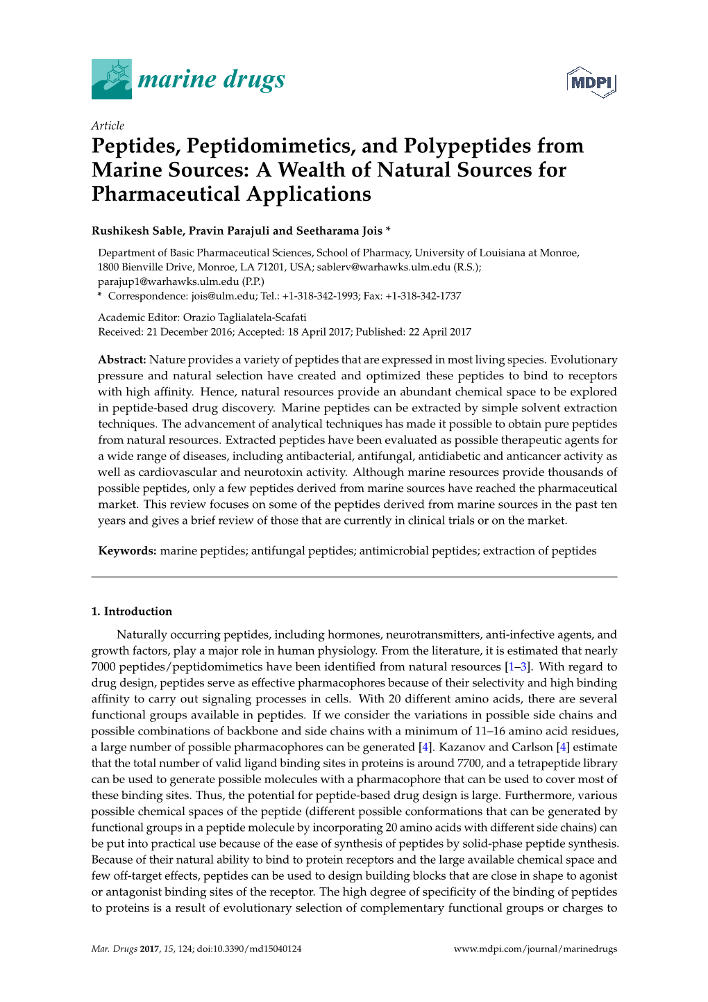 Peptides, Peptidomimetics, and Polypeptides from Marine Sources: a Wealth of Natural Sources for Pharmaceutical Applications