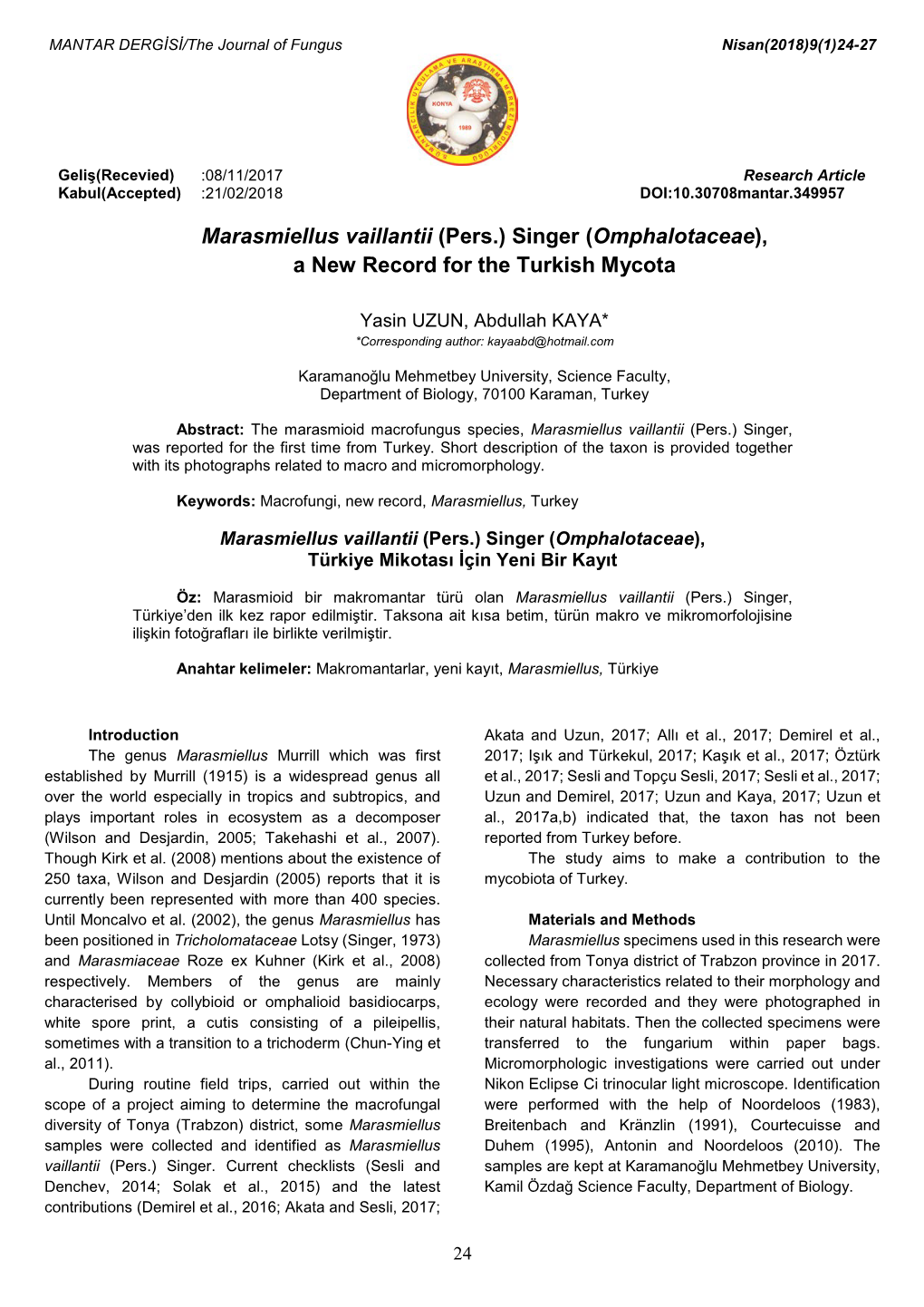 (Pers.) Singer (Omphalotaceae), a New Record for the Turkish Mycota