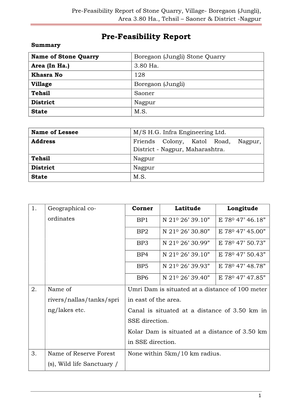 Pre-Feasibility Report of Stone Quarry, Village- Boregaon (Jungli), Area 3.80 Ha., Tehsil – Saoner & District -Nagpur