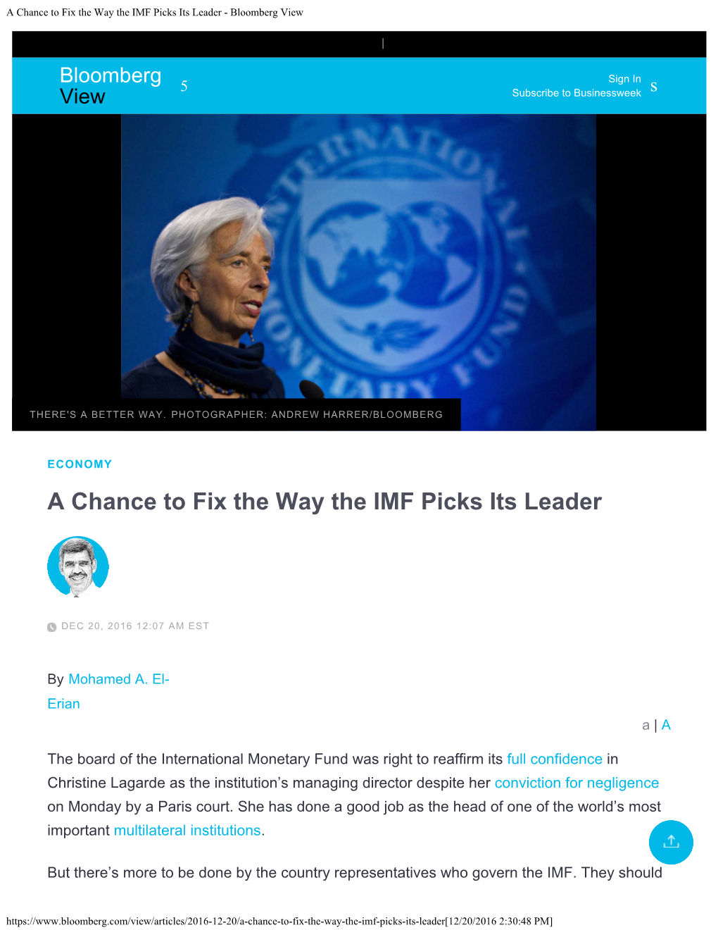 A Chance to Fix the Way the IMF Picks Its Leader - Bloomberg View